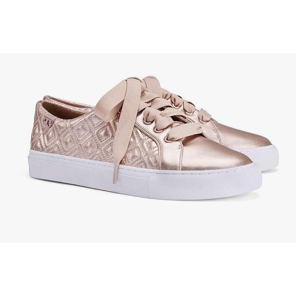 Tory Burch Marion Quilted Metallic‎ Gold Leather Lace-up Sneakers  Shoes 8